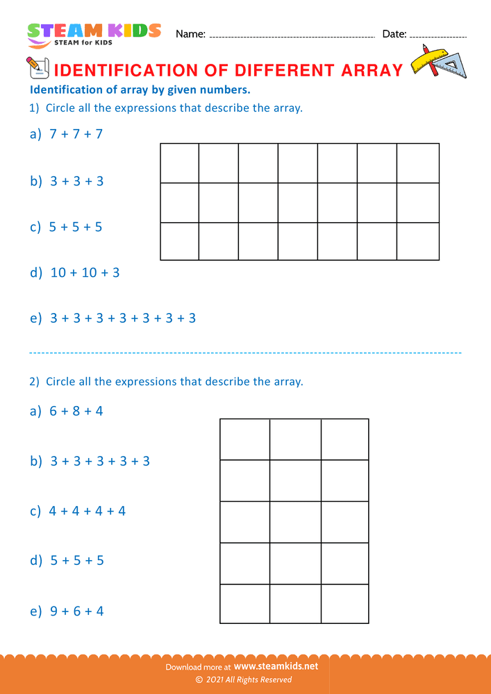 Free Math Worksheet - Identification of Array - Worksheet 2
