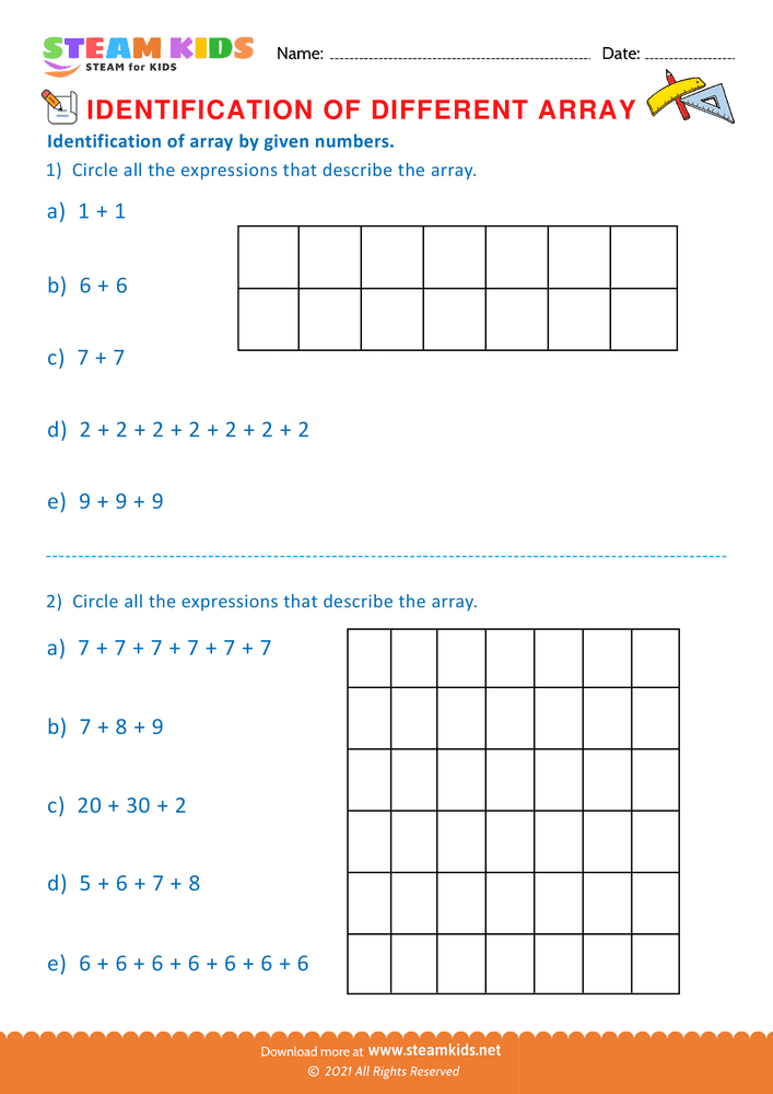 Free Math Worksheet - Identification of Array - Worksheet 3