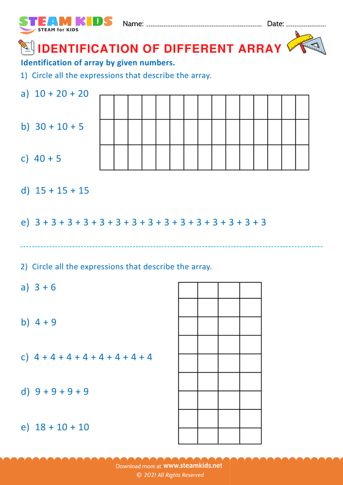 Free Math Worksheet - Identification of Array - Worksheet 4