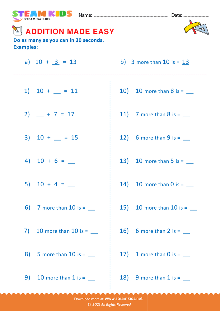 Free Math Worksheet - Addition made easy - Worksheet 10