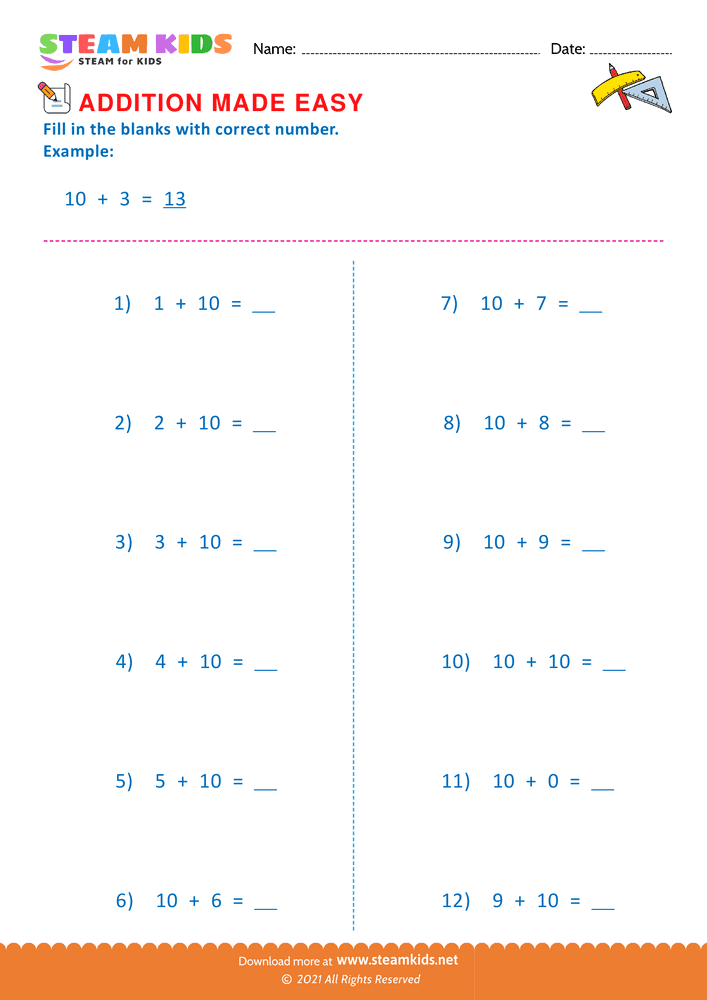 Free Math Worksheet - Addition made easy - Worksheet 13