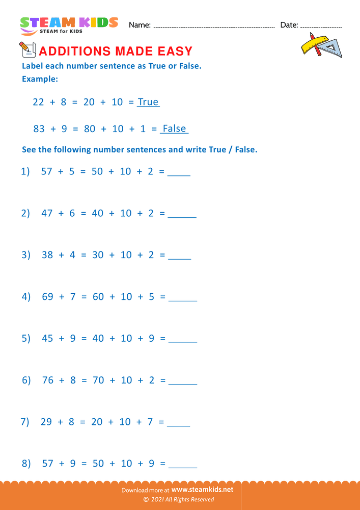 Free Math Worksheet - Addition made easy - Worksheet 19