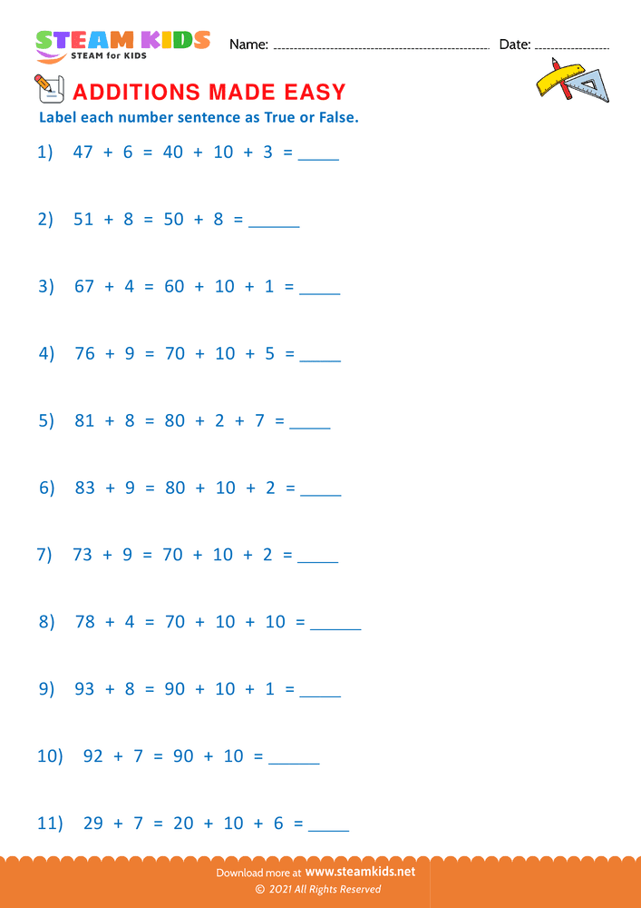 Free Math Worksheet - Addition made easy - Worksheet 20