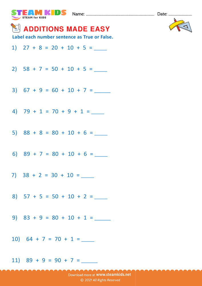 Free Math Worksheet - Addition made easy - Worksheet 21