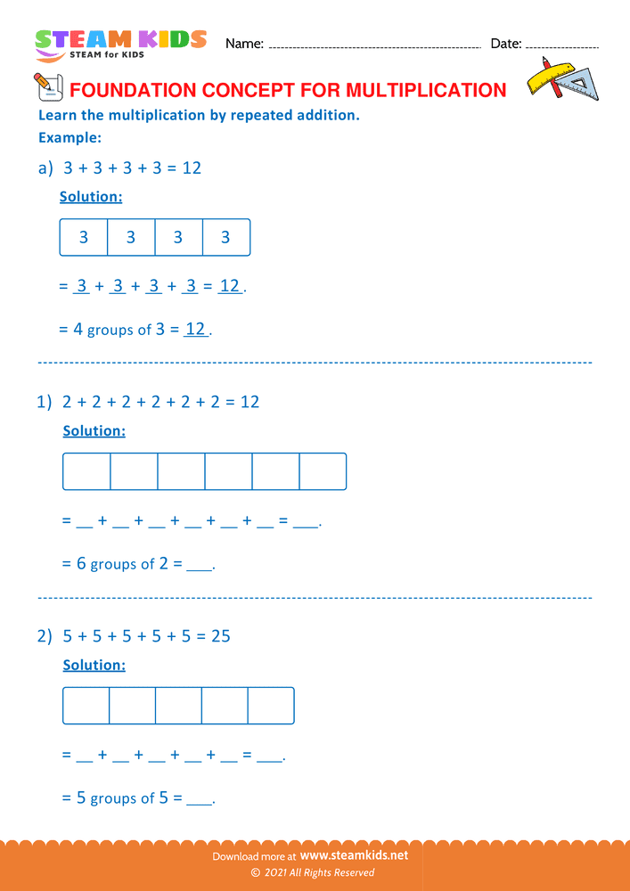 Free Math Worksheet - Multiplication by repeated addition - Worksheet 1