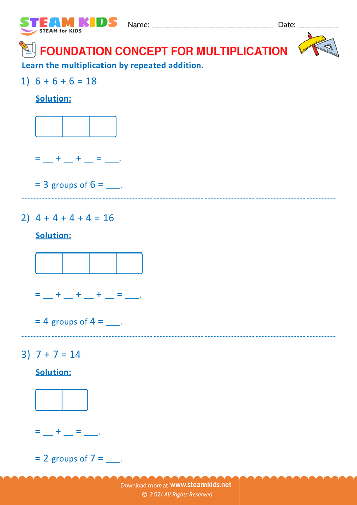 Free Math Worksheet - Multiplication by repeated addition - Worksheet 2