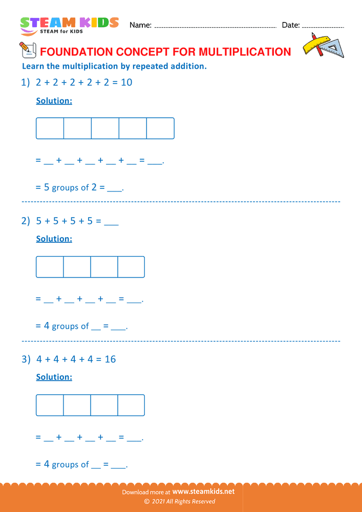 Free Math Worksheet - Multiplication by repeated addition - Worksheet 3