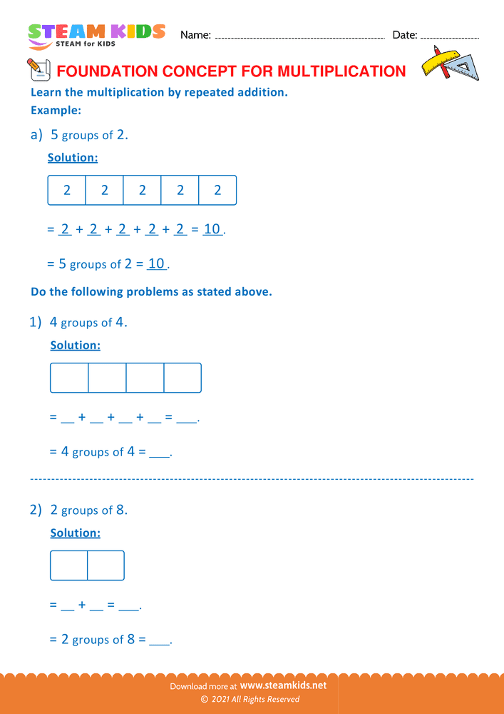 Free Math Worksheet - Multiplication by repeated addition - Worksheet 4