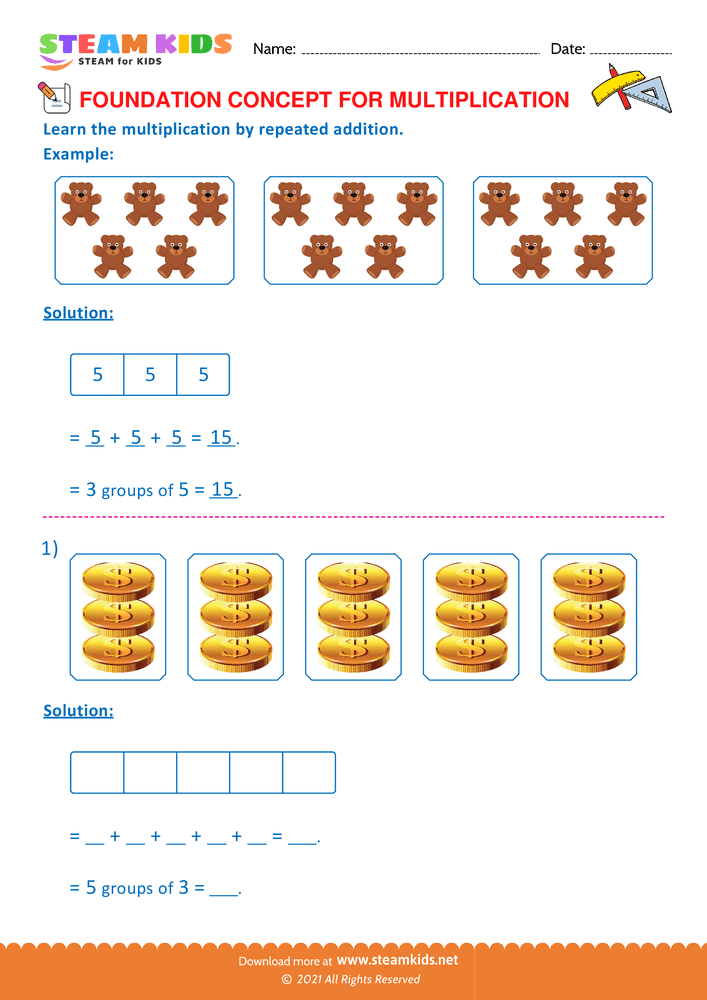 Free Math Worksheet - Multiplication by repeated addition - Worksheet 7