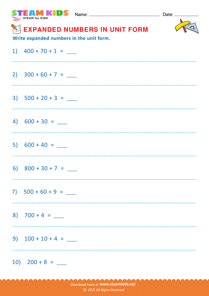 Free Math Worksheet - Unit Numbers in Expanded Form - Worksheet 2