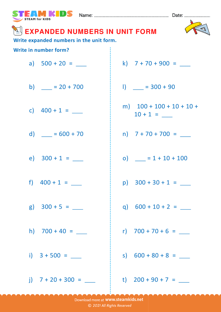 Free Math Worksheet - Unit Numbers in Expanded Form - Worksheet 5