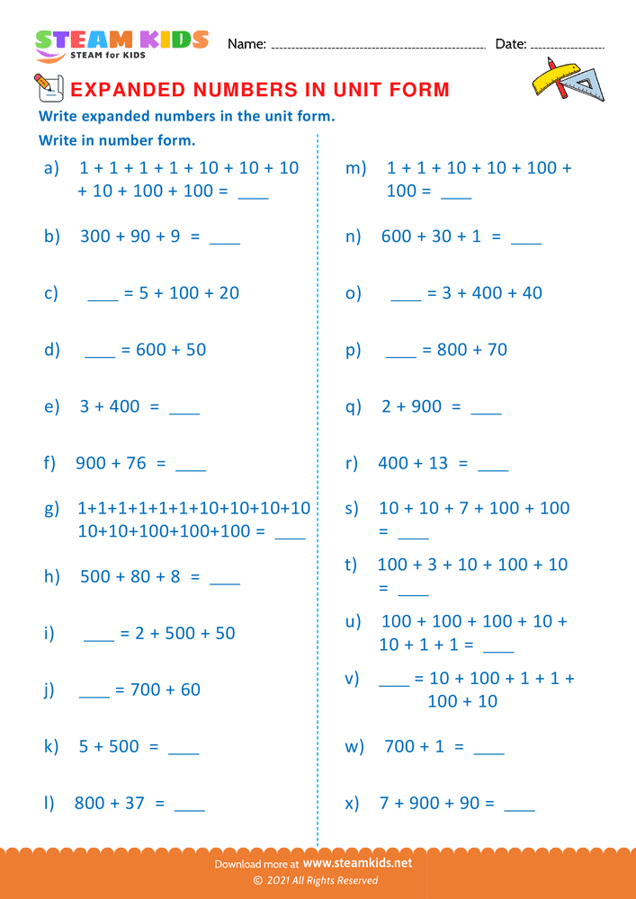 Free Math Worksheet - Unit Numbers in Expanded Form - Worksheet 6