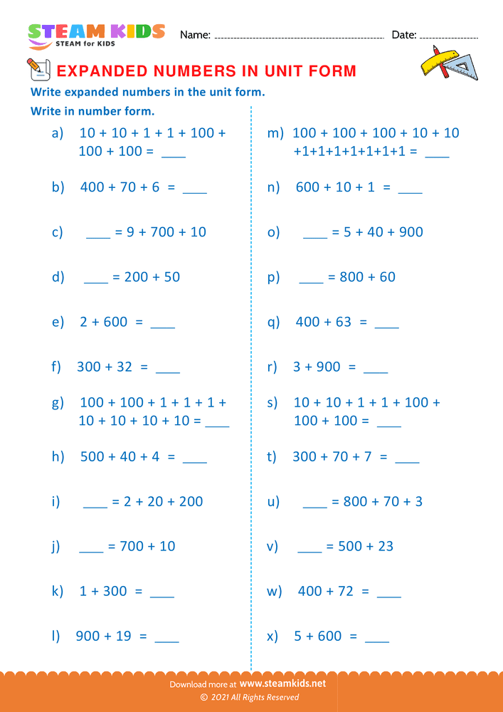 Free Math Worksheet - Unit Numbers in Expanded Form - Worksheet 7