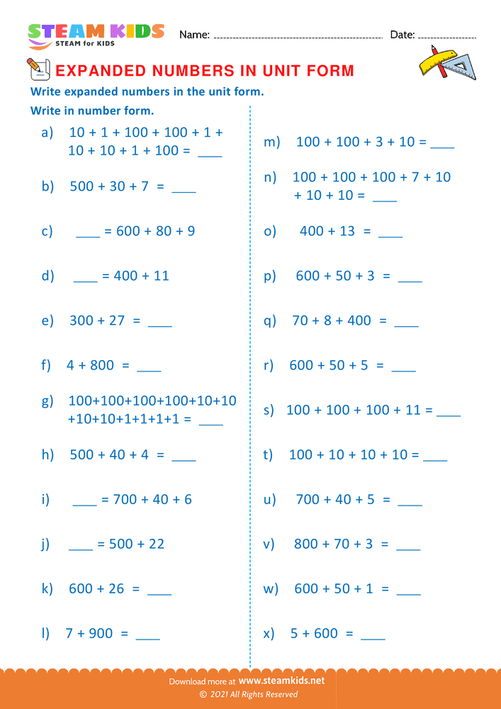 Free Math Worksheet - Unit Numbers in Expanded Form - Worksheet 8