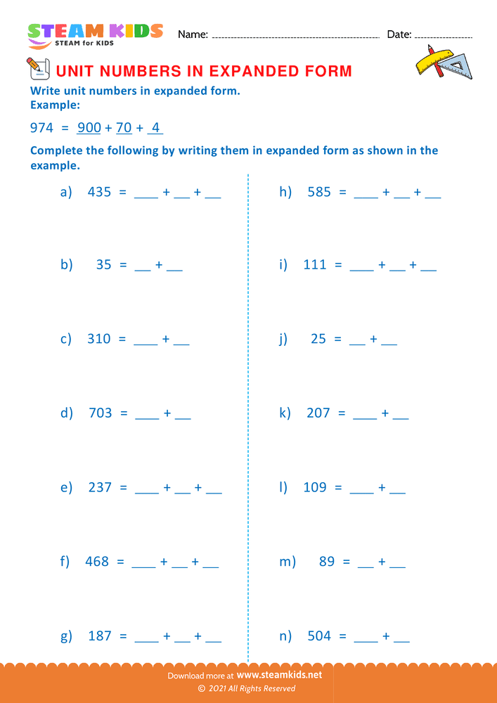 Free Math Worksheet - Unit Numbers in Expanded Form - Worksheet 9