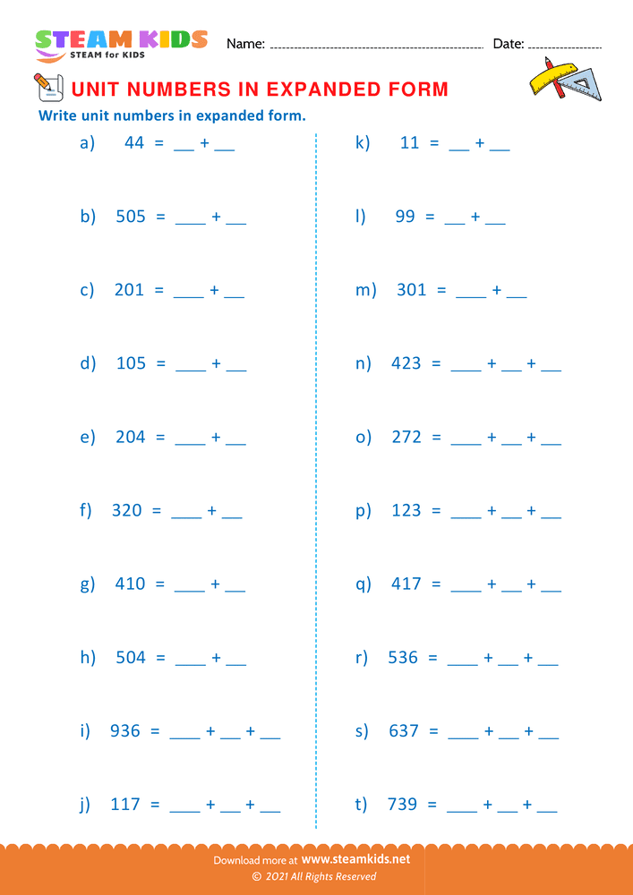 Free Math Worksheet - Unit Numbers in Expanded Form - Worksheet 10