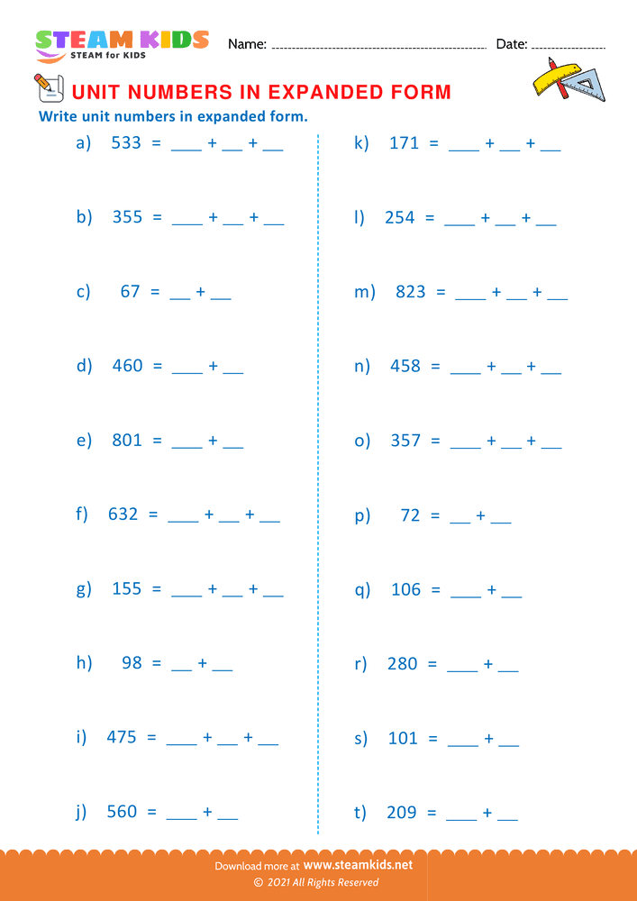 Free Math Worksheet - Unit Numbers in Expanded Form - Worksheet 11