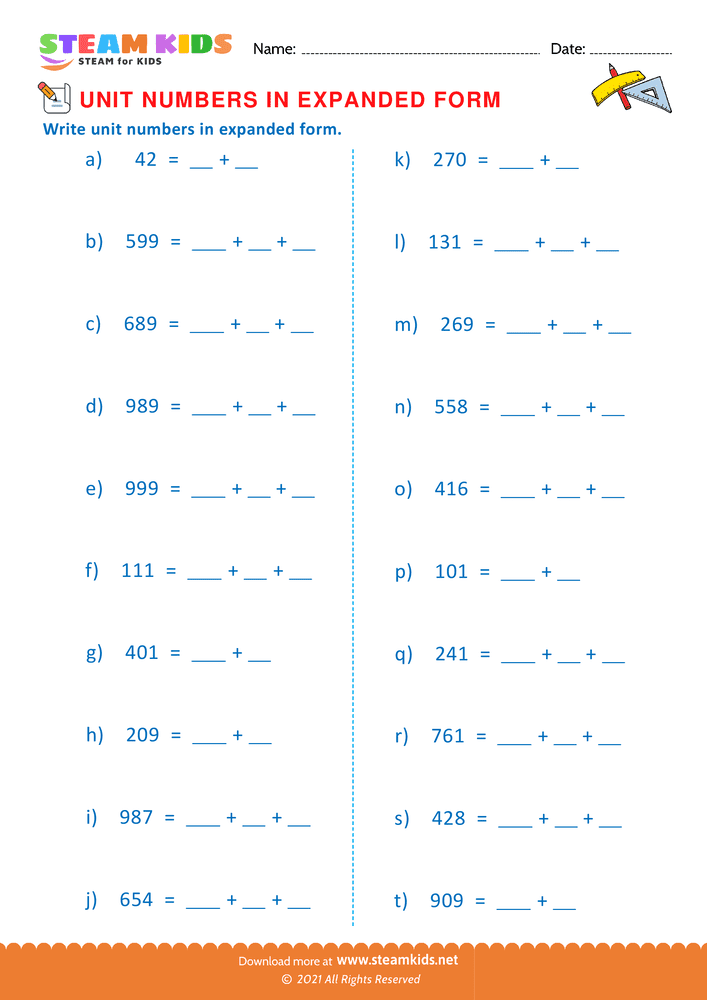 Free Math Worksheet - Unit Numbers in Expanded Form - Worksheet 12