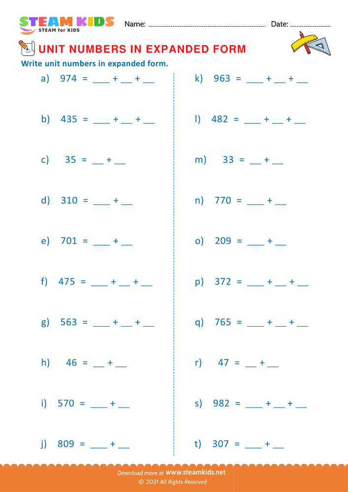 Free Math Worksheet - Unit Numbers in Expanded Form - Worksheet 13