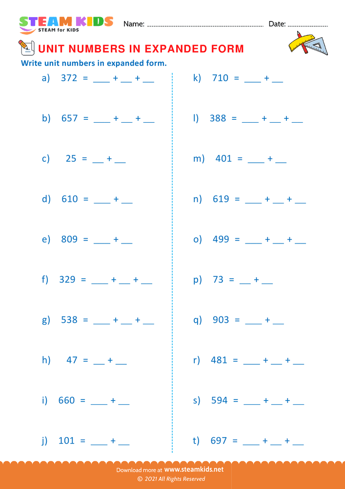 Free Math Worksheet - Unit Numbers in Expanded Form - Worksheet 14