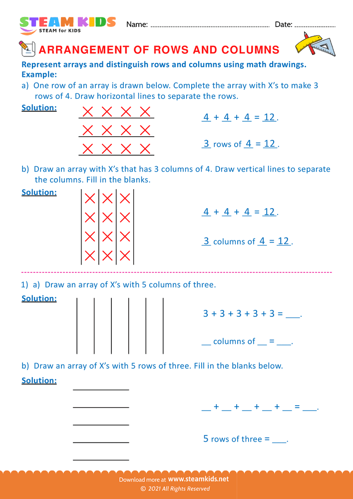 Free Math Worksheet - Arrangement of Rows and coloumns - Worksheet 1