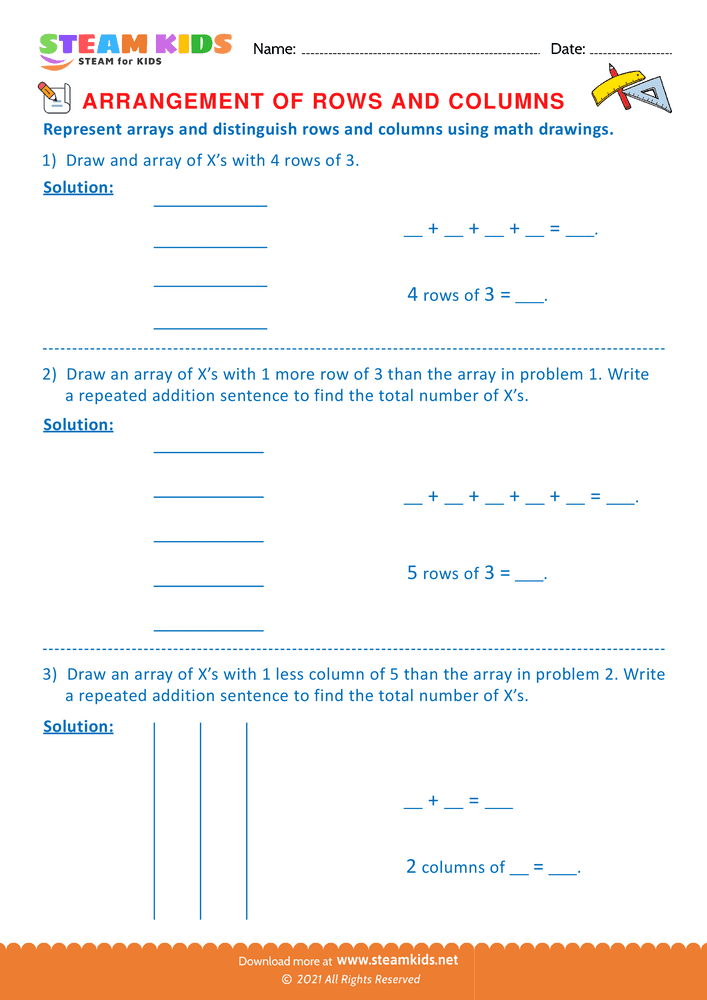 Free Math Worksheet - Arrangement of Rows and coloumns - Worksheet 2