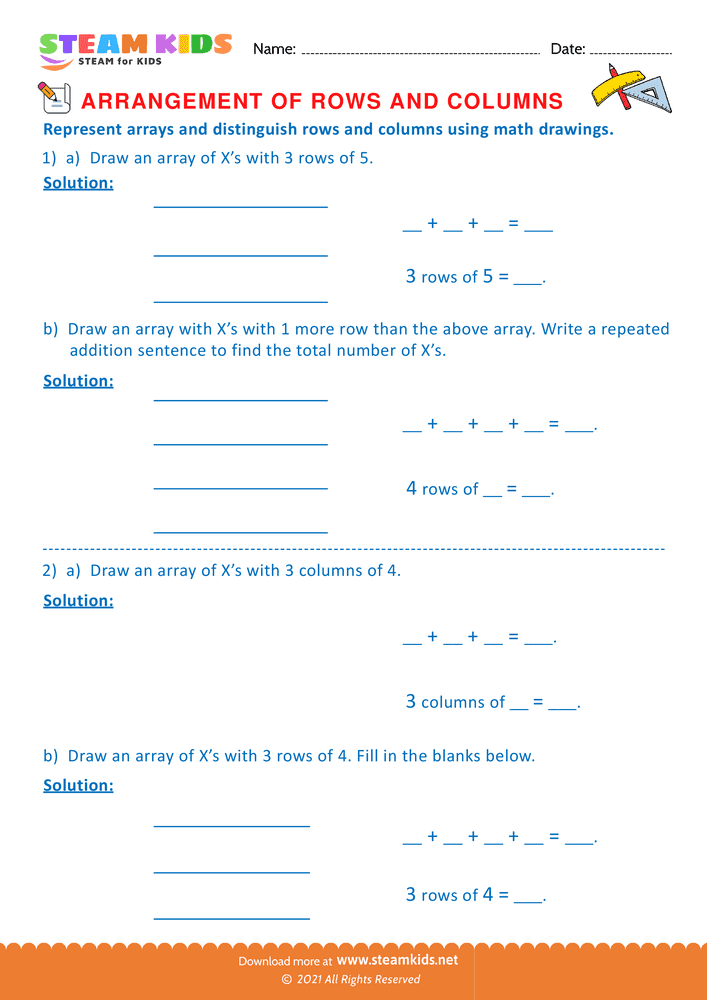 Free Math Worksheet - Arrangement of Rows and coloumns - Worksheet 3