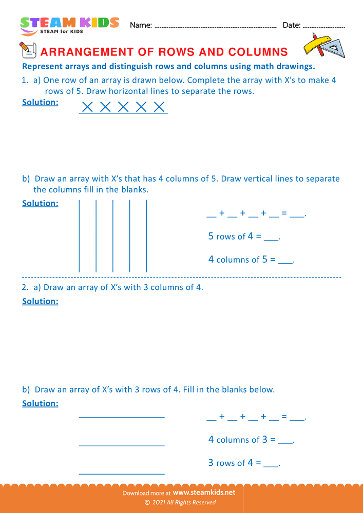 Free Math Worksheet - Arrangement of Rows and coloumns - Worksheet 4