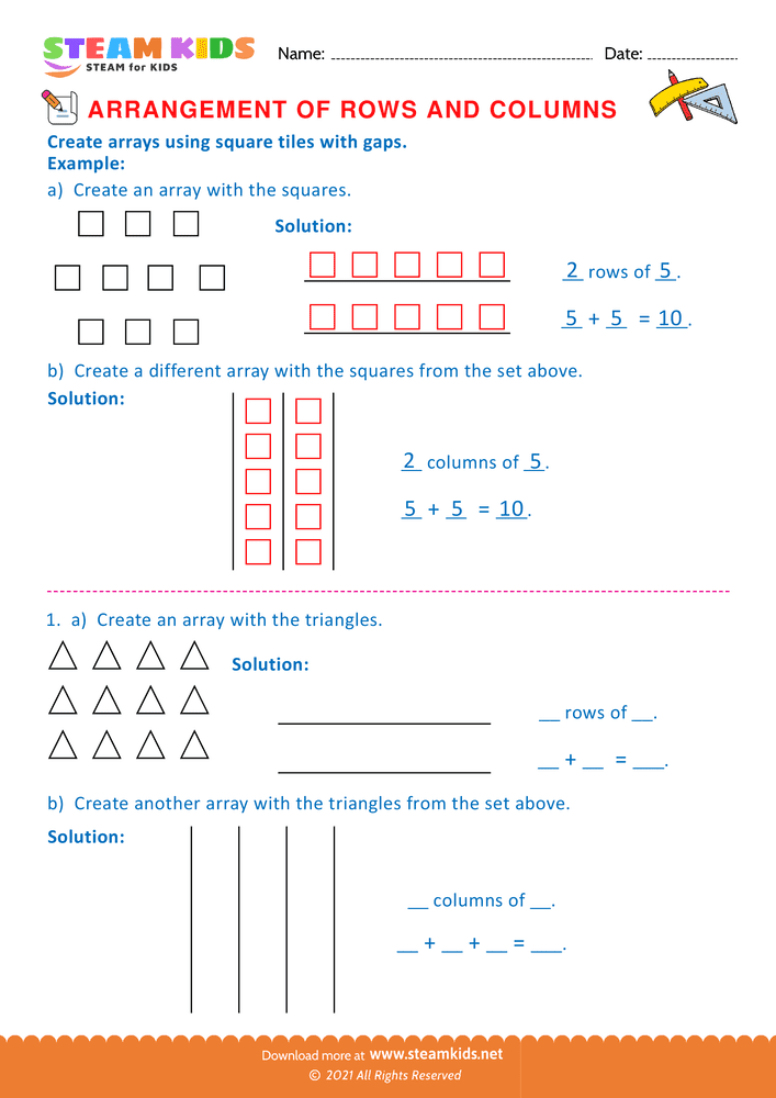Free Math Worksheet - Arrangement of Rows and coloumns - Worksheet 6