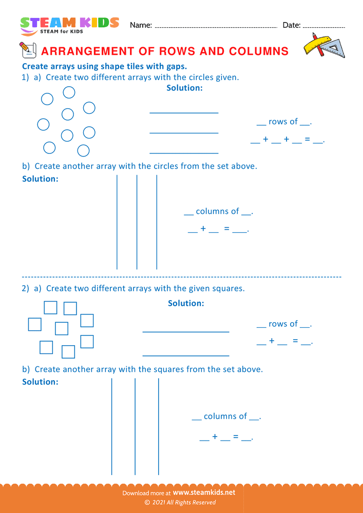 Free Math Worksheet - Arrangement of Rows and coloumns - Worksheet 7
