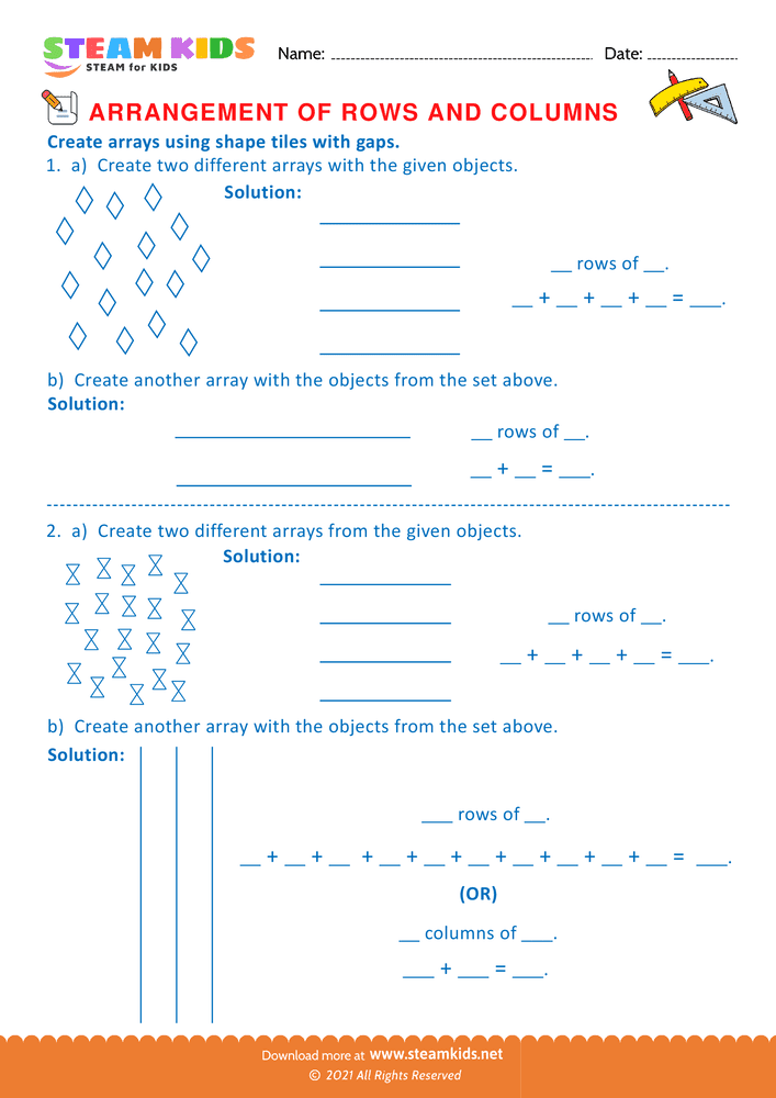 Free Math Worksheet - Arrangement of Rows and coloumns - Worksheet 9