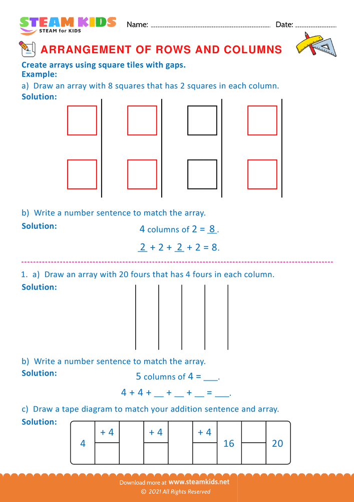 Free Math Worksheet - Arrangement of Rows and coloumns - Worksheet 10
