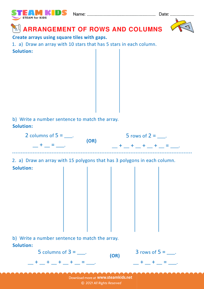 Free Math Worksheet - Arrangement of Rows and coloumns - Worksheet 11
