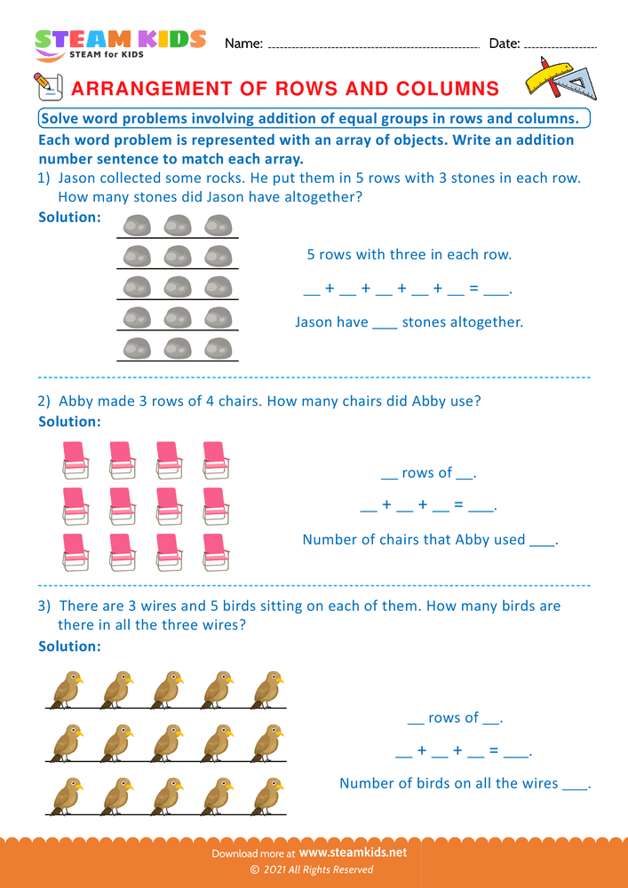 Free Math Worksheet - Arrangement of Rows and coloumns - Worksheet 13