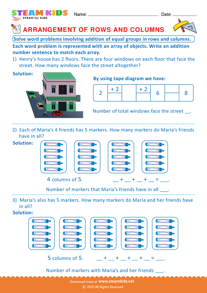 Free Math Worksheet - Arrangement of Rows and coloumns - Worksheet 14