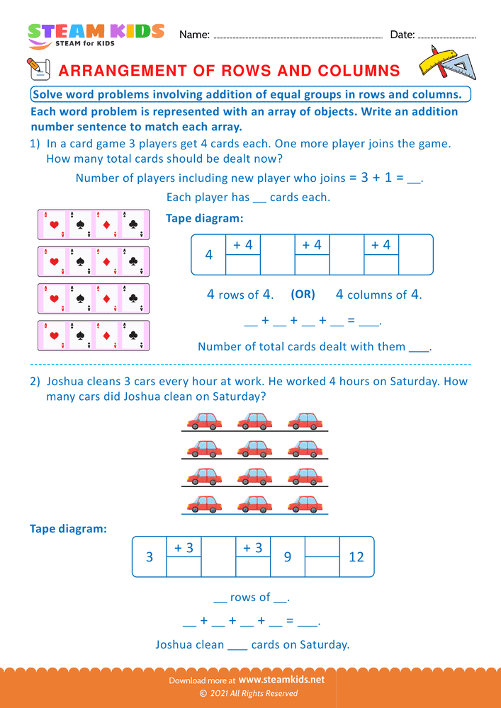 Free Math Worksheet - Arrangement of Rows and coloumns - Worksheet 15