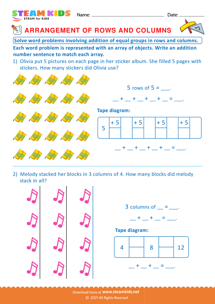 Free Math Worksheet - Arrangement of Rows and coloumns - Worksheet 16