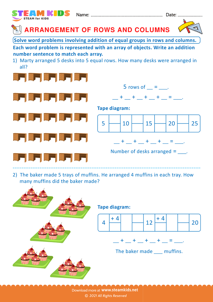 Free Math Worksheet - Arrangement of Rows and coloumns - Worksheet 17