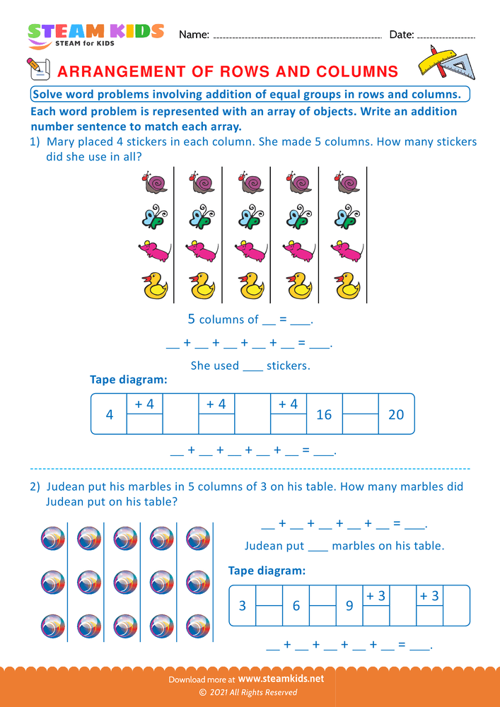 Free Math Worksheet - Arrangement of Rows and coloumns - Worksheet 19