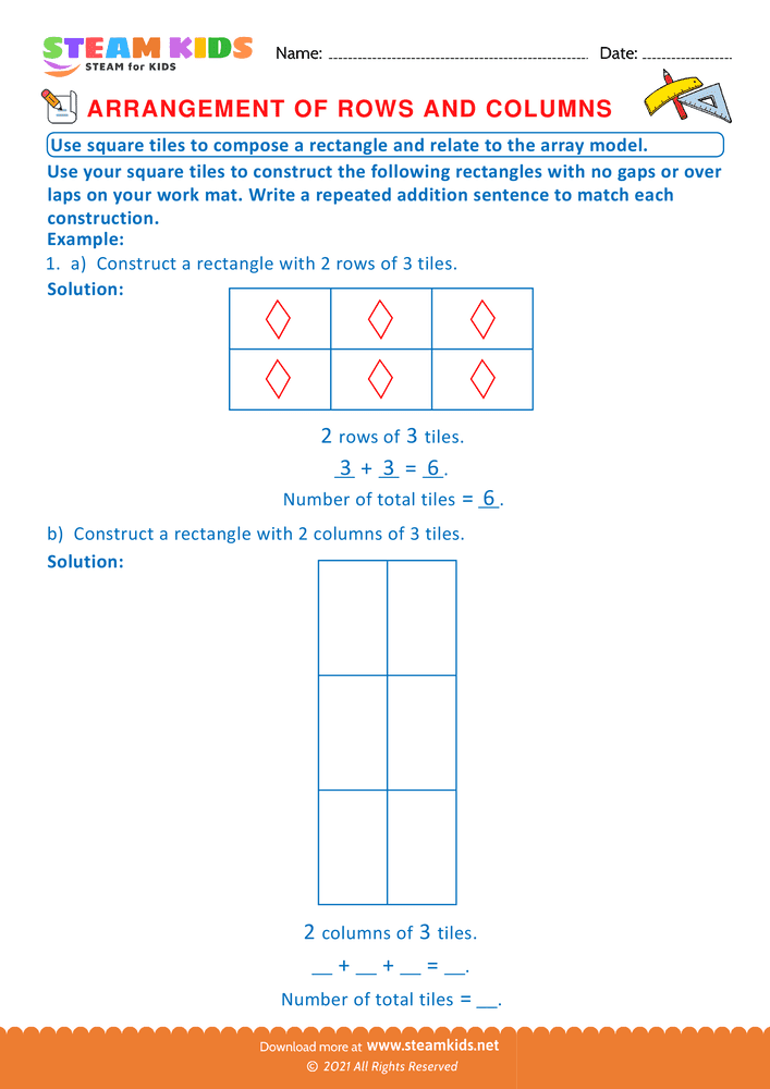 Free Math Worksheet - Arrangement of Rows and coloumns - Worksheet 20
