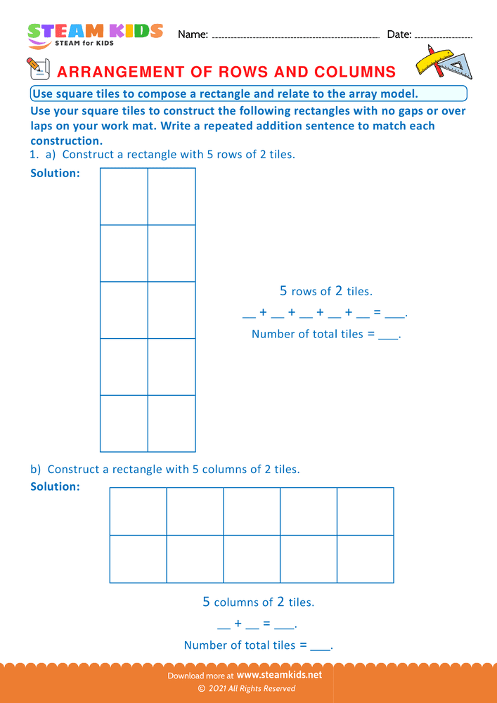 Free Math Worksheet - Arrangement of Rows and coloumns - Worksheet 21