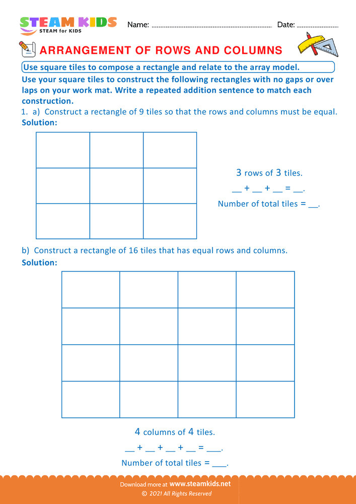 Free Math Worksheet - Arrangement of Rows and coloumns - Worksheet 22