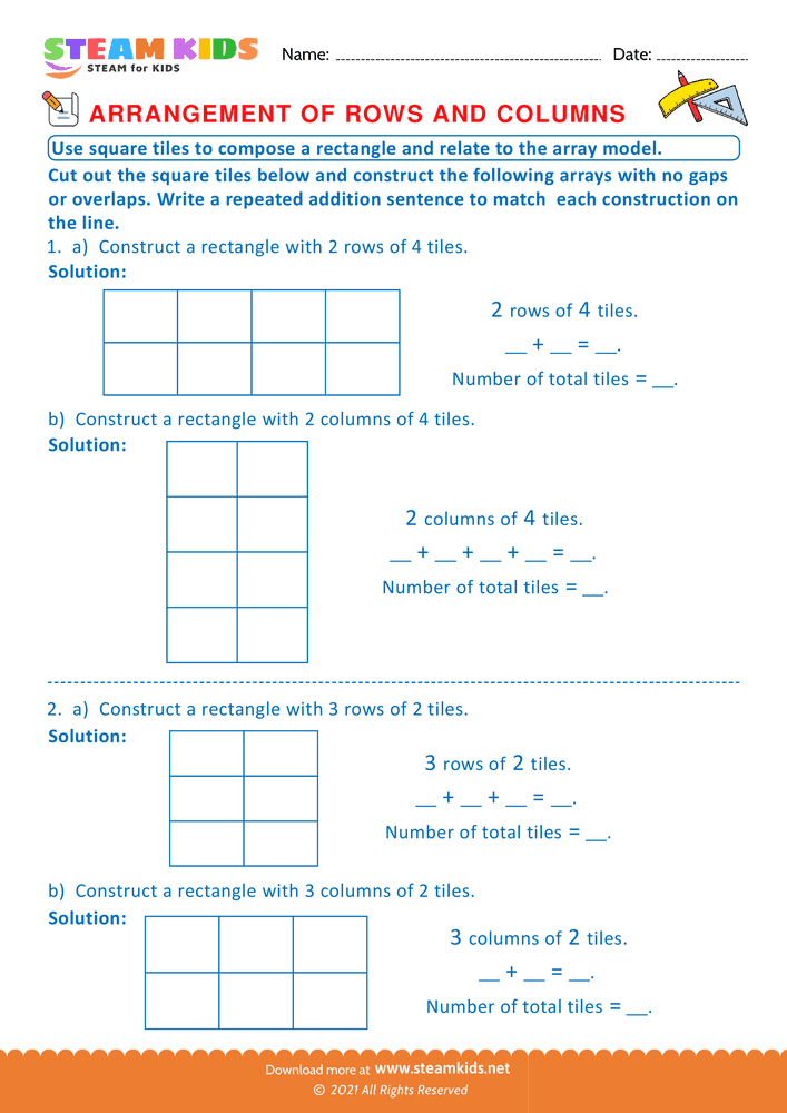 Free Math Worksheet - Arrangement of Rows and coloumns - Worksheet 23