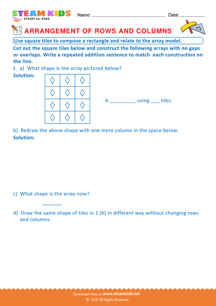 Free Math Worksheet - Arrangement of Rows and coloumns - Worksheet 25