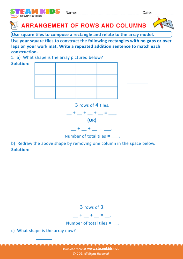 Free Math Worksheet - Arrangement of Rows and coloumns - Worksheet 26