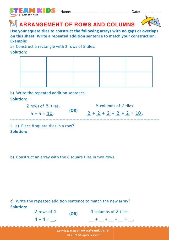 Free Math Worksheet - Arrangement of Rows and coloumns - Worksheet 27