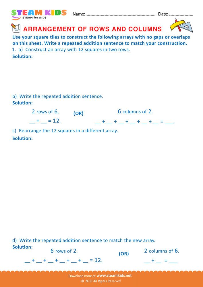 Free Math Worksheet - Arrangement of Rows and coloumns - Worksheet 28