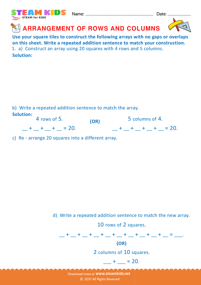 Free Math Worksheet - Arrangement of Rows and coloumns - Worksheet 29
