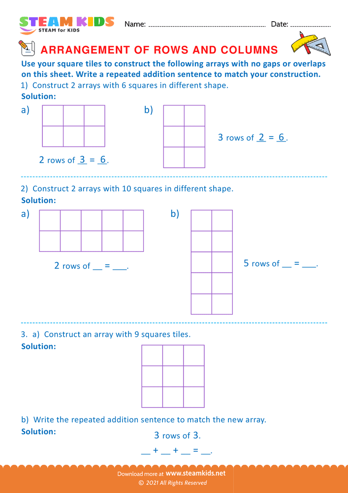 Free Math Worksheet - Arrangement of Rows and coloumns - Worksheet 30