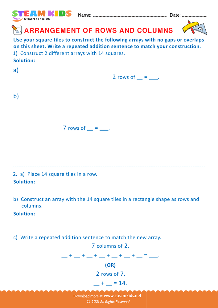 Free Math Worksheet - Arrangement of Rows and coloumns - Worksheet 31